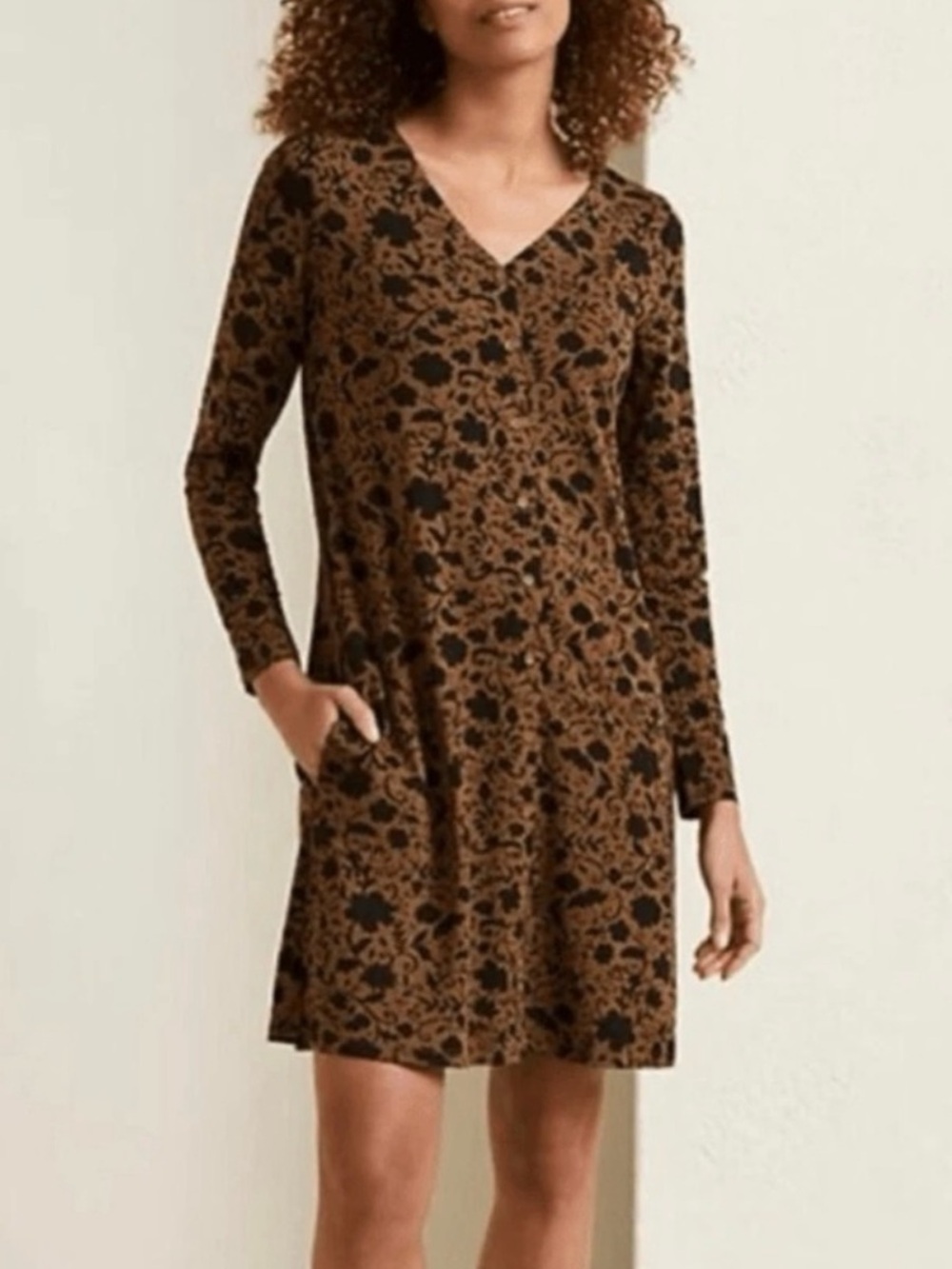 Garnet Hill Phoebe Button-Front Knit Dress Brown Black Floral Long Sleeve-Medium